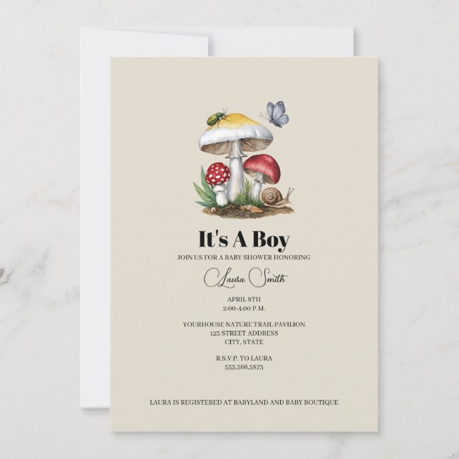 Invitation Insectes Champignons Bois Nature Baby shower I (Devant)