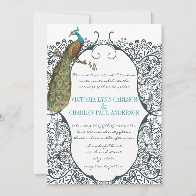 Invitation Inséparable Motif Whimsical Peacock de la marine M (Devant)
