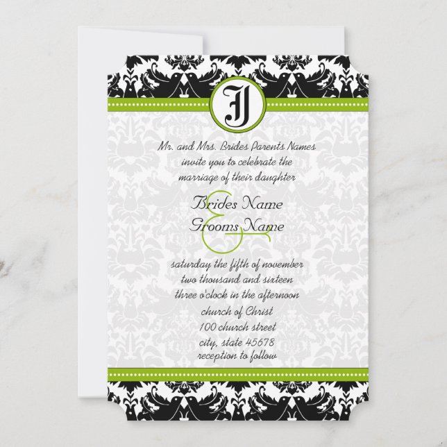 Invitation Inséparable noir Apple vert Mariage damassé Invita (Devant)