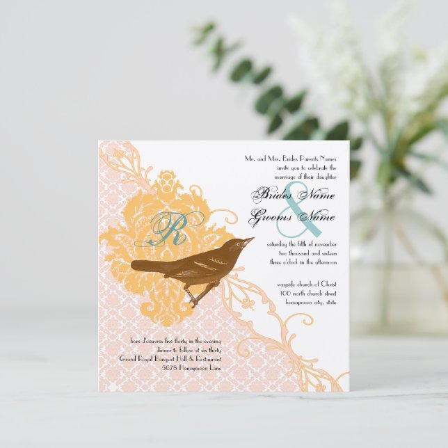 Invitation Inséparable Pink Apricot, Robin Egg Blue Damask (Debout devant)