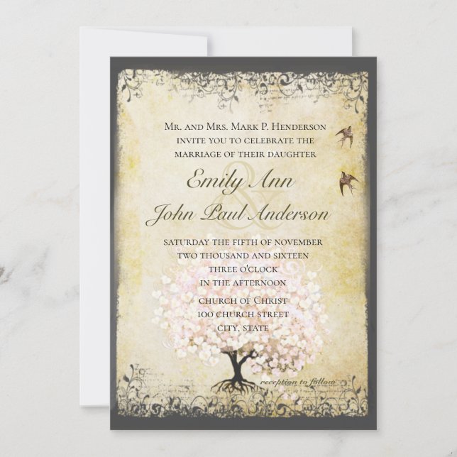 Invitation Inséparable Romantique Feuille Coeur Pink Tree Mar (Devant)