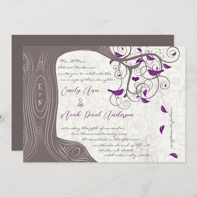 Invitation Inséparable violet rustique Mariage d'arbre romant (Devant / Derrière)