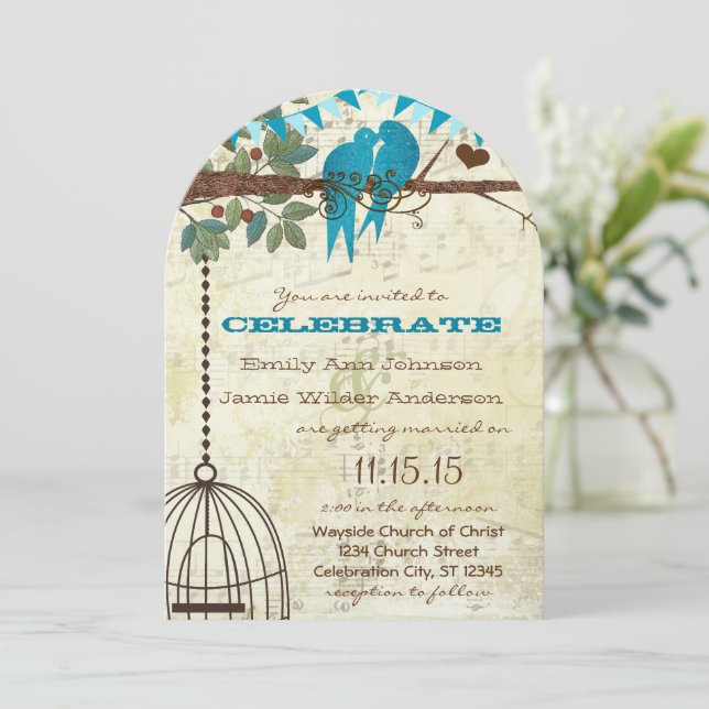 Invitation Inséparables Aqua assis dans un mariage d'arbre In (Debout devant)
