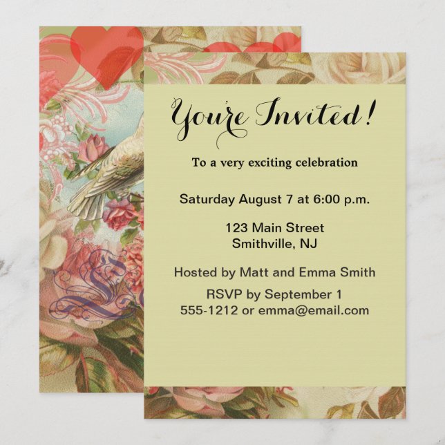 Invitation Inséparables Coeur antique Vintage (Devant / Derrière)