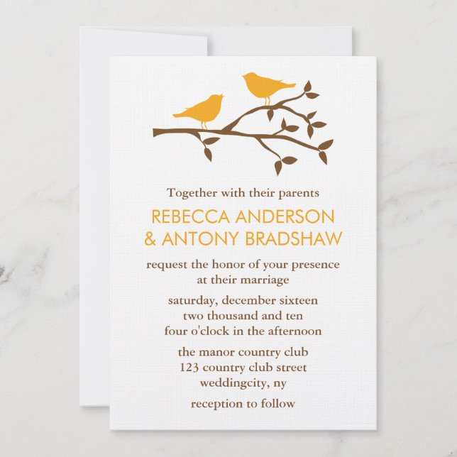 Invitation Inséparables oranges sur un mariage de branche (Devant)