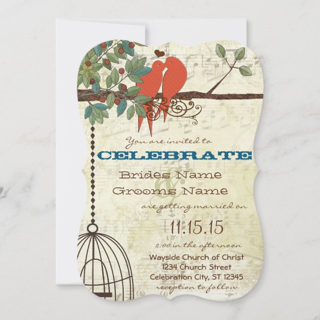 Invitation Inséparables turquoises assis dans un mariage d'ar (Devant)