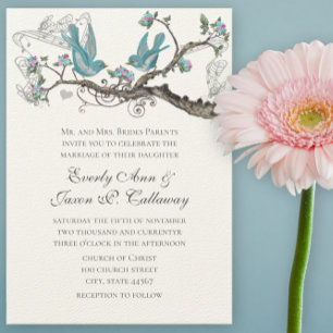 Invitation Inséparables vintages Aqua Blue et Mariage rose