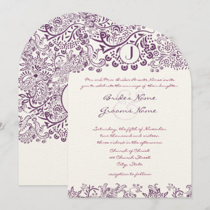 Invitation Inséparables violets Damask Monogram Mariages