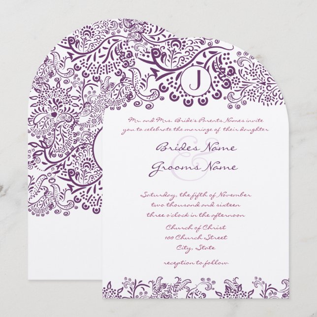 Invitation Inséparables violets Damask Monogram Mariages (Devant / Derrière)