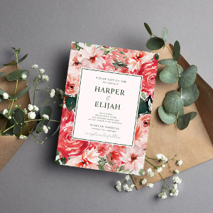 Invitation Intemporel Floral Blush Mariage vert rouge