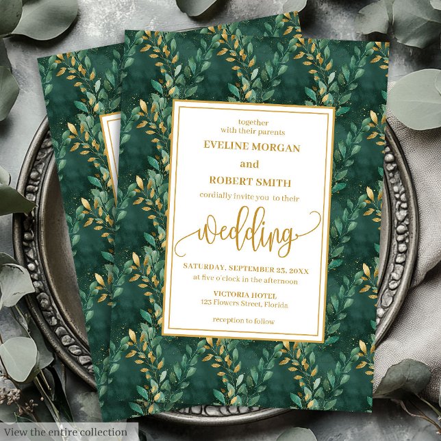 Invitation intemporelle Emerald Green Feuilles de  (Timeless Emerald Green Gold Leaves Wedding Invitation)