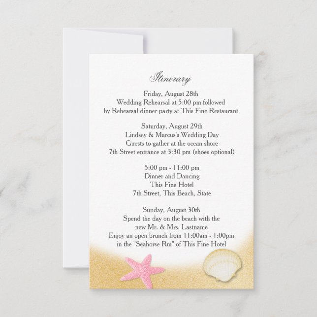Invitation Intinéraire Mariage rose de Sparkle Beach Seashell (Devant)