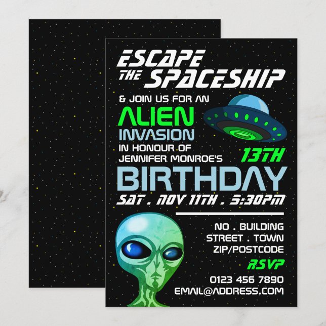 Invitation Invasion Alien Thème, Salle d'évasion, Fête d'anni (Devant / Derrière)