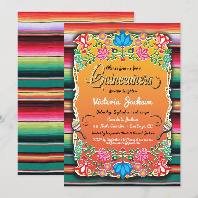 Invitation Inviations mexicaines de Fiesta Quinceañera (Devant / Derrière)