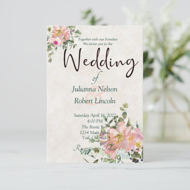 Invitation Invit florale mariage floral à l'aquarelle et à l' (Debout devant)