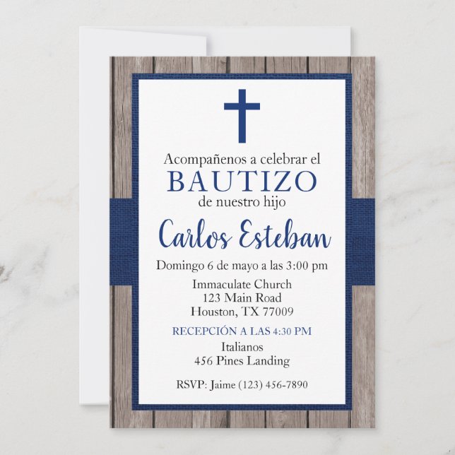 Invitation Invitación Azul Marino de Bautizo de Niño (Devant)