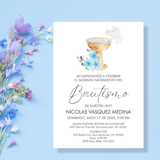 Invitation Invitacion Bautizo Chalice Blue Flowers Baptême (Créateur téléchargé)