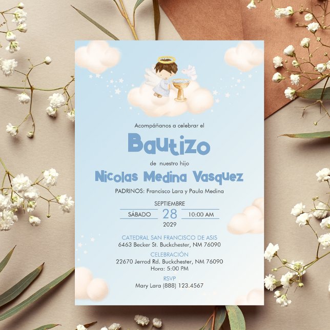 Invitation Invitacion Bautizo Garçon Angel Baptême catholique (Créateur téléchargé)