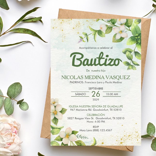 Invitation Invitacion Bautizo Green Feuilles & Fleurs Baptême (Créateur téléchargé)