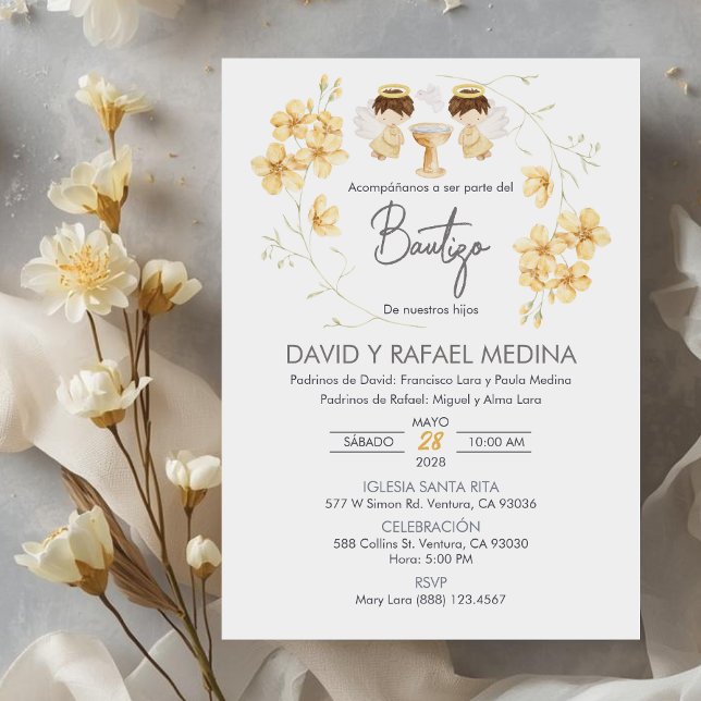 Invitation Invitacion Bautizo niños Baptism Cute Twins Angles (Créateur téléchargé)