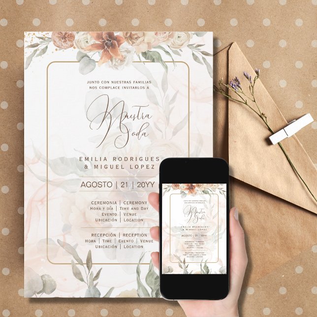 Invitation Invitación Bilingue de Boda Boho Pampa Grass (Créateur téléchargé)