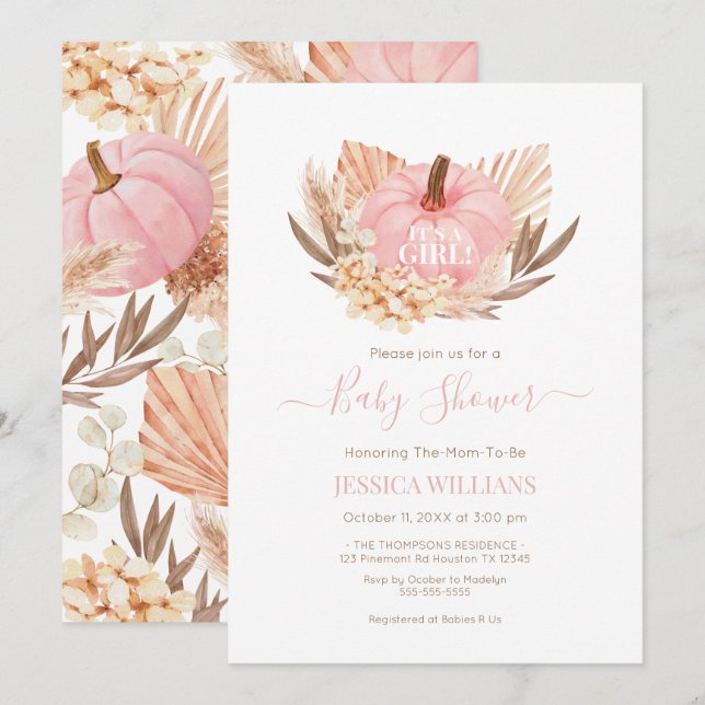 Invitation Invitación Boho Pampas Pumpkin pink baby shower (Devant / Derrière)