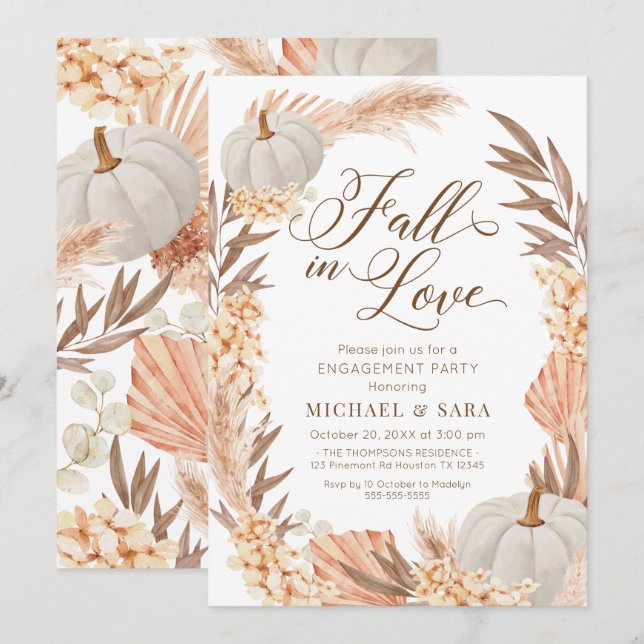 Invitation Invitación Boho Pampas Pumpkin White Fall Engageme (Devant / Derrière)