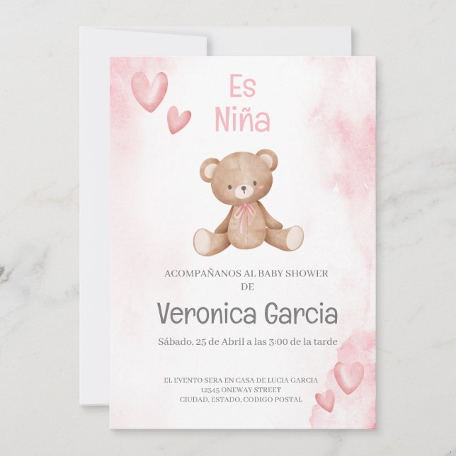 Invitation Invitacion de baby shower para niña tema osito (Devant)