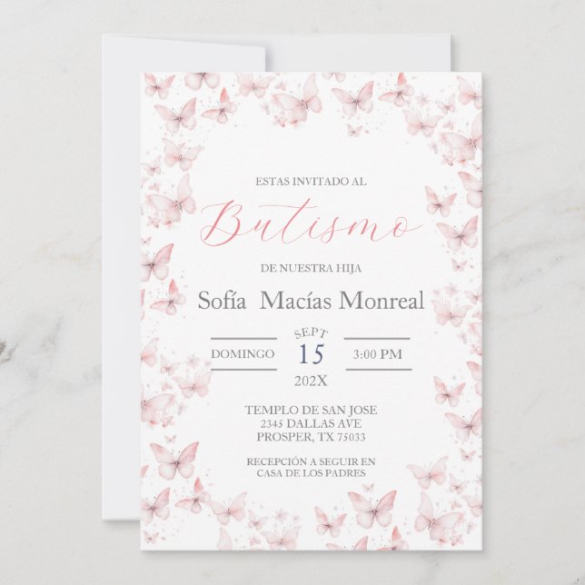 Invitation Invitación de bautismo con mariposas para niña (Devant)