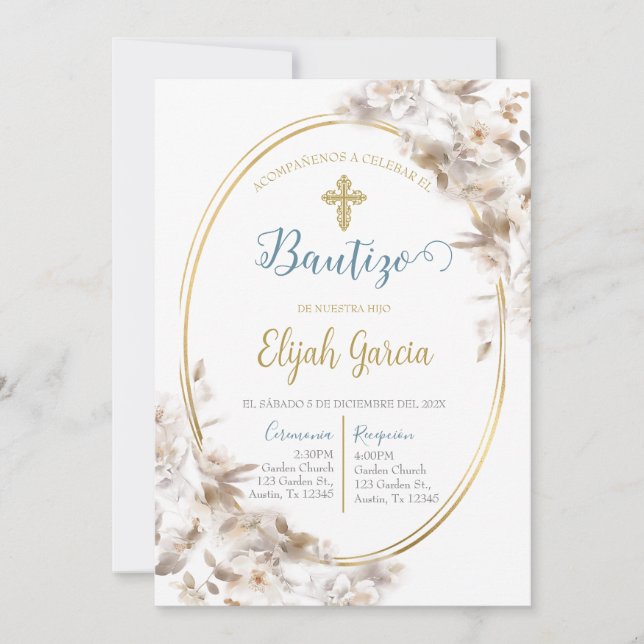 Invitation Invitación de bautismo floral blanca en español (Devant)