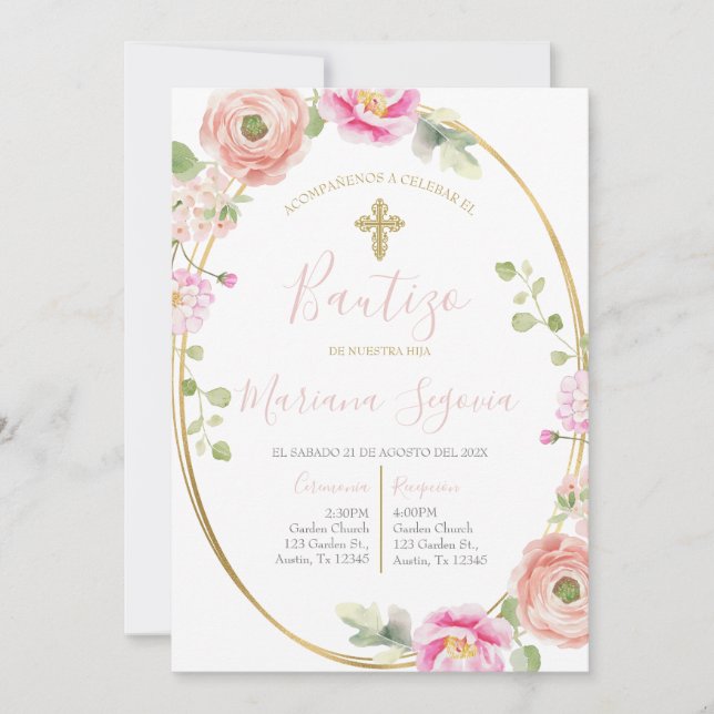Invitation Invitación de bautismo floral rosa en español (Devant)
