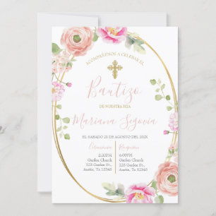 Invitation Invitación de bautismo floral rosa en español