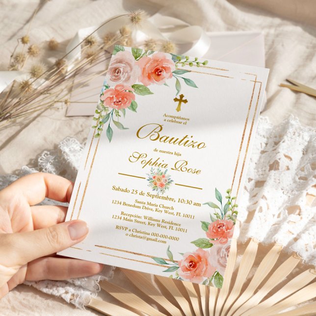 Invitation Invitación de Bautizo con Rosas de Jardín (Créateur téléchargé)