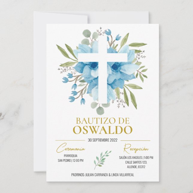Invitation Invitación de bautizo flores azul y verde (Devant)