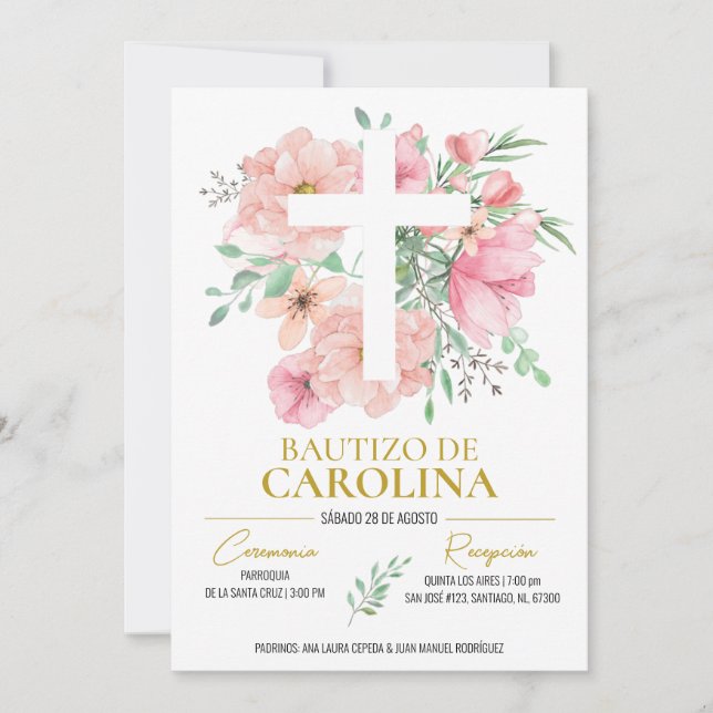 Invitation Invitación de bautizo flores rosas (Devant)