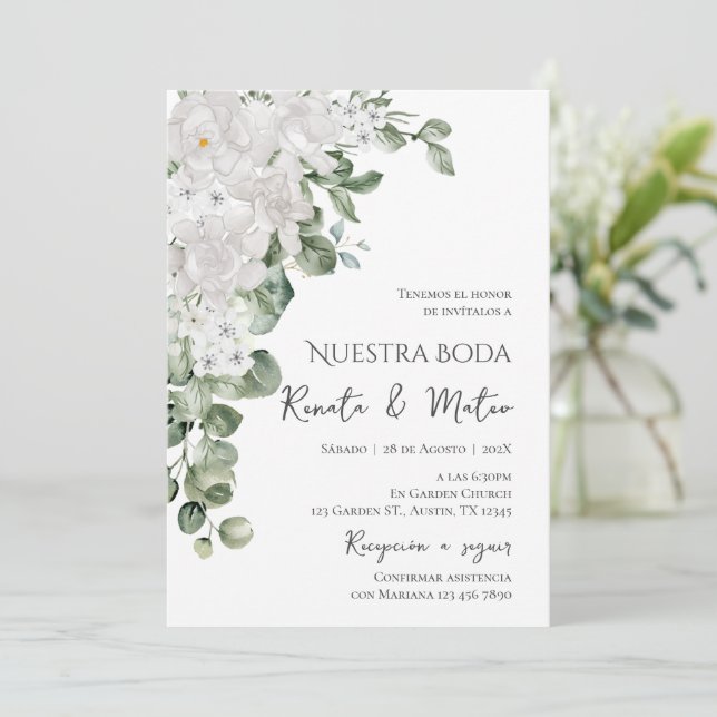 Invitation Invitación de Boda Flores Blanca y Verdes  (Debout devant)