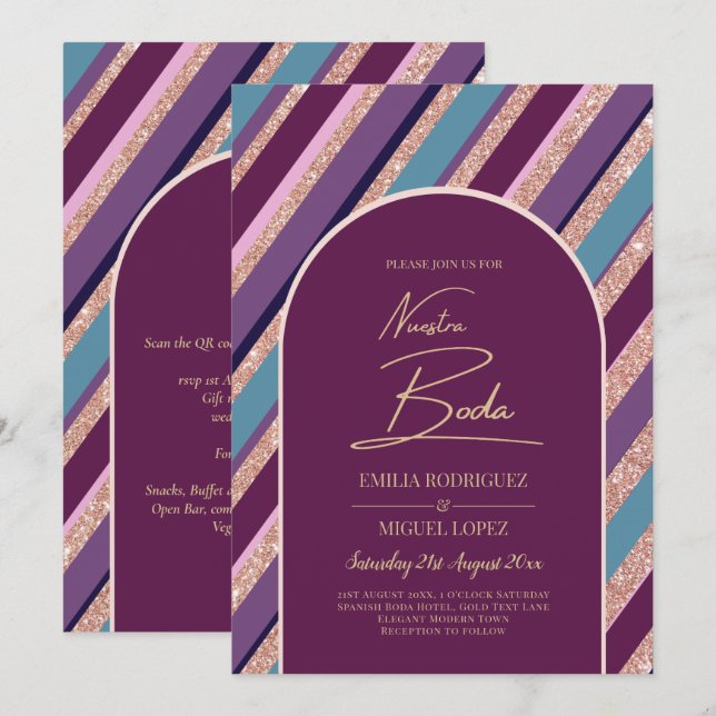 Invitation Invitación de boda púrpura turquesa oro espagnol (Devant / Derrière)