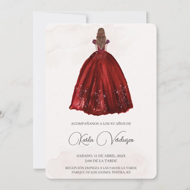 Invitation Invitación de quinceañera con vestido rojo (Devant)