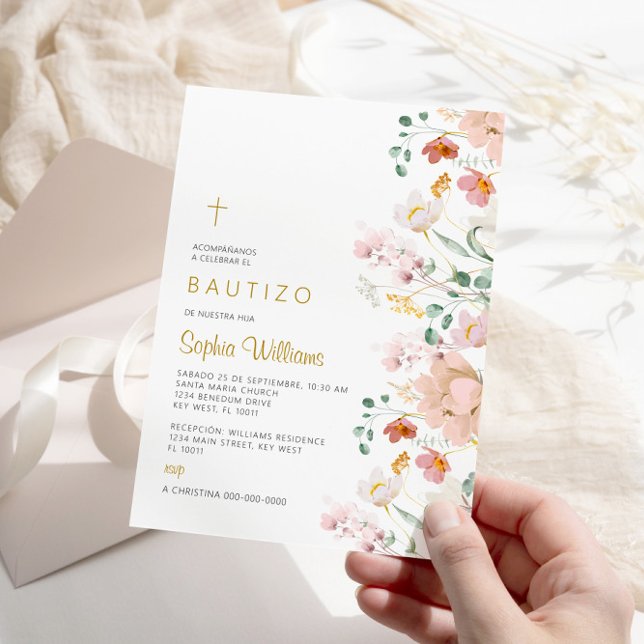 Invitation Invitación de Rosa Flores Silvestres para Bautizo (Créateur téléchargé)