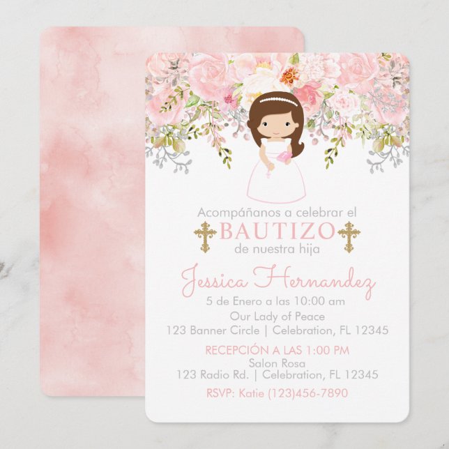 Invitation Invitación de Rosas para Bautizo de niña Invitatio (Devant / Derrière)