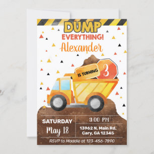 Invitation Invitación Dump tout, camion garçon anniversaire