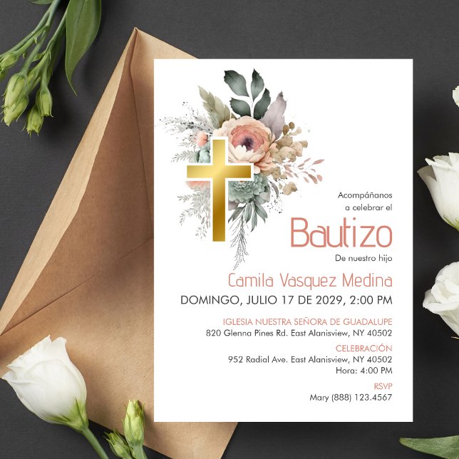 Invitation Invitacion Élégant Bautizo Cute Boho Cross Baptism (Créateur téléchargé)