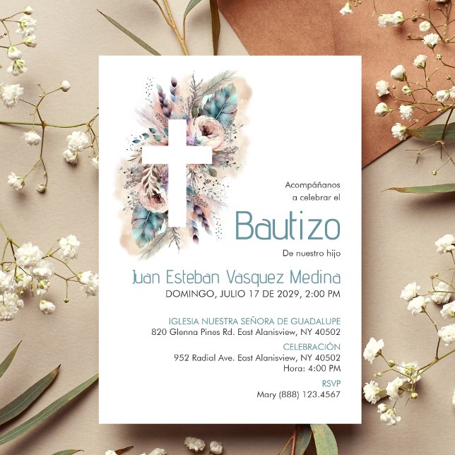 Invitation Invitacion Élégant Bautizo Fleurs blanches Baptême (Créateur téléchargé)