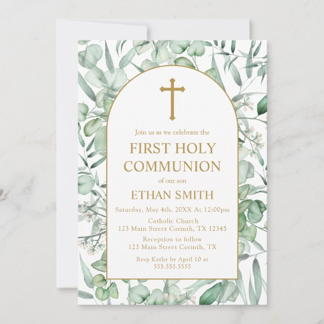 Invitation Invitación First Communion Eucalyptus leaves (Devant)