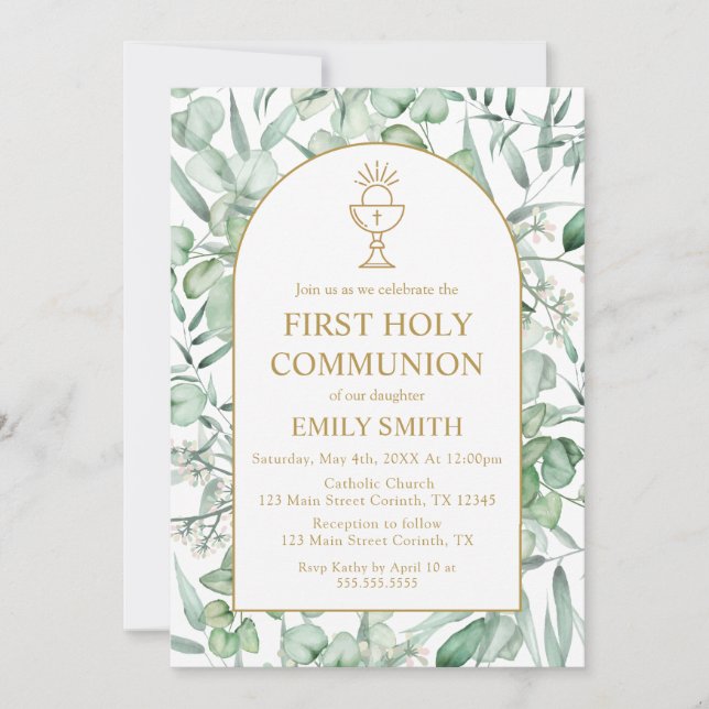 Invitation Invitación First Communion Eucalyptus leaves (Devant)
