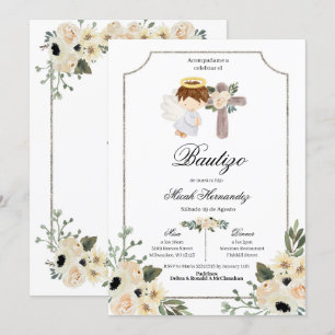 Invitation Invitacion florale Silver Cross Mi Bautizo