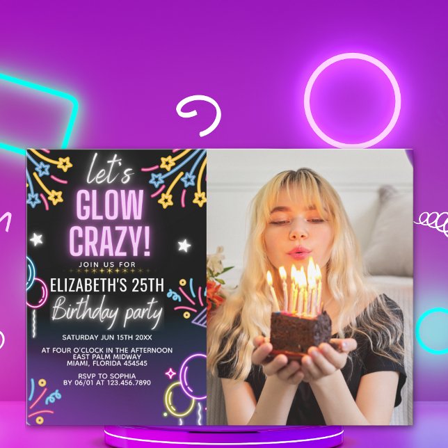 Invitation Invitación Neon Glow - Birthday Party with Photo (Créateur téléchargé)