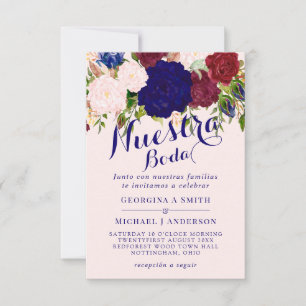 Invitation Invitacion Nuestra Boda Bourgogne bleu rose floral
