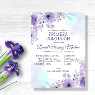 Invitation Invitacion Primera Comunion Fleurs pourpres mignon