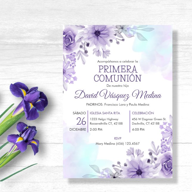 Invitation Invitacion Primera Comunion Fleurs pourpres mignon (Créateur téléchargé)